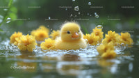 Cute Yellow Duckling Floating Among Yellow Flowers on Water