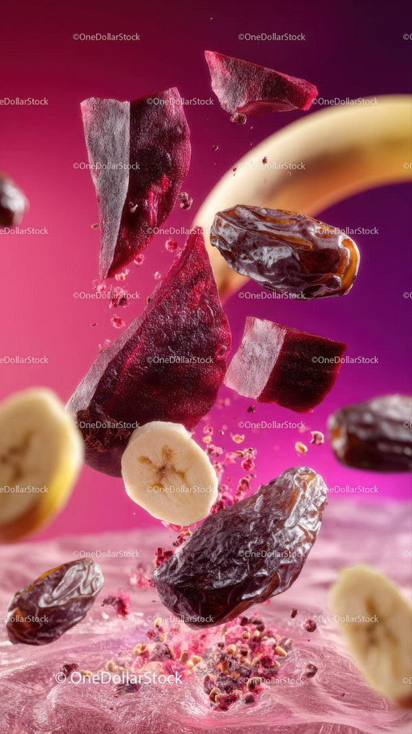 Vibrant Fruit Explosion with Dates, Bananas, and Pomegranate on Pink Background