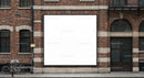 Blank billboard on urban brick building facade