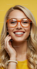 Smiling young woman with orange glasses on yellow background