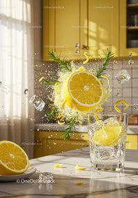 Fresh lemon splash with rosemary and ice in kitchen
