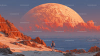 Astronaut Exploring a Surreal Alien Landscape with a Giant Orange Planet