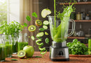 Refreshing green smoothie pouring into blender pitcher