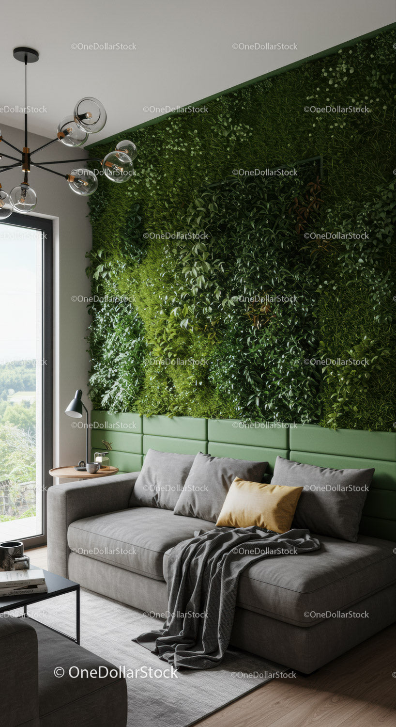 Modern Living Room with Green Wall and Cozy Sofa