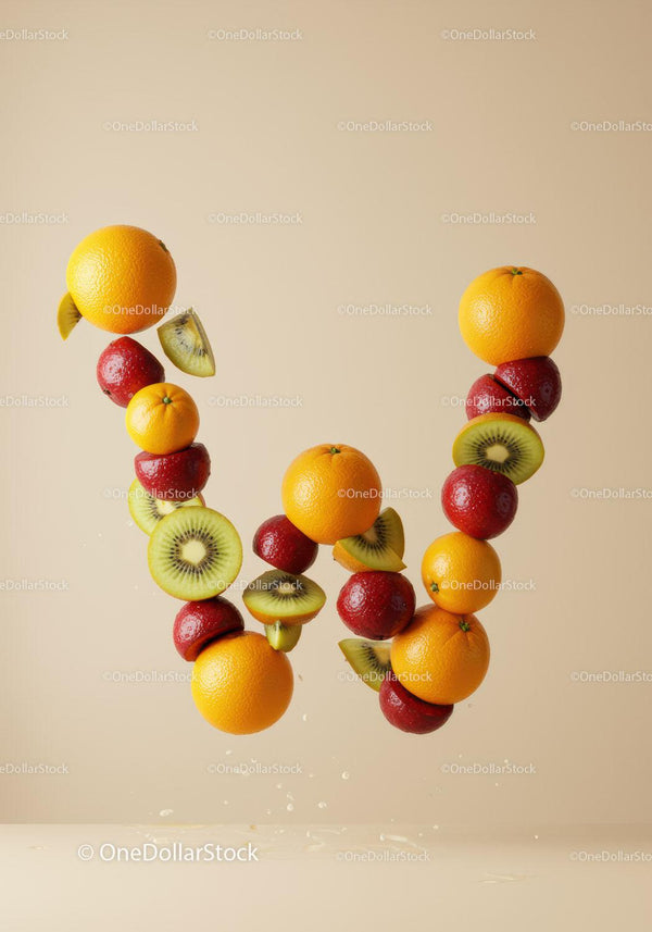 Floating Fresh Fruits Forming Letter W on Beige Background