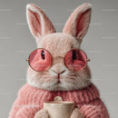 Cute Bunny Wearing Sunglasses and Cozy Pink Sweater Holding Coffee Mug