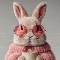 Cute Bunny Wearing Sunglasses and Cozy Pink Sweater Holding Coffee Mug