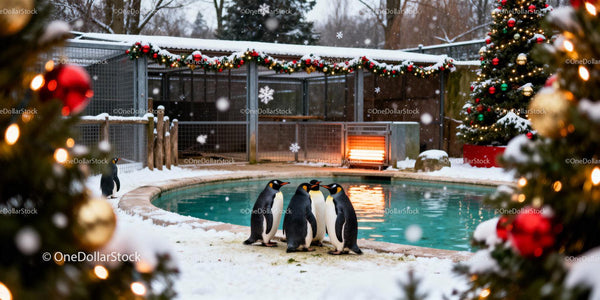 Group of penguins near festive snowy enclosure pool