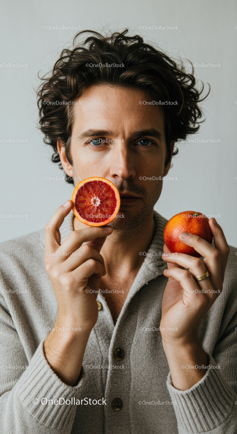 Young Man Holding Blood Orange and Citrus Slice Portrait
