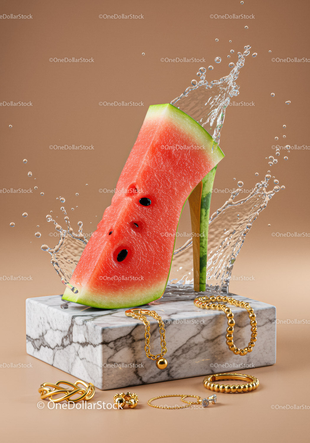Creative watermelon high heel with gold jewelry splash