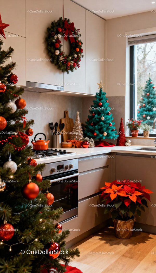 Festive kitchen corner with Christmas decorations and plants