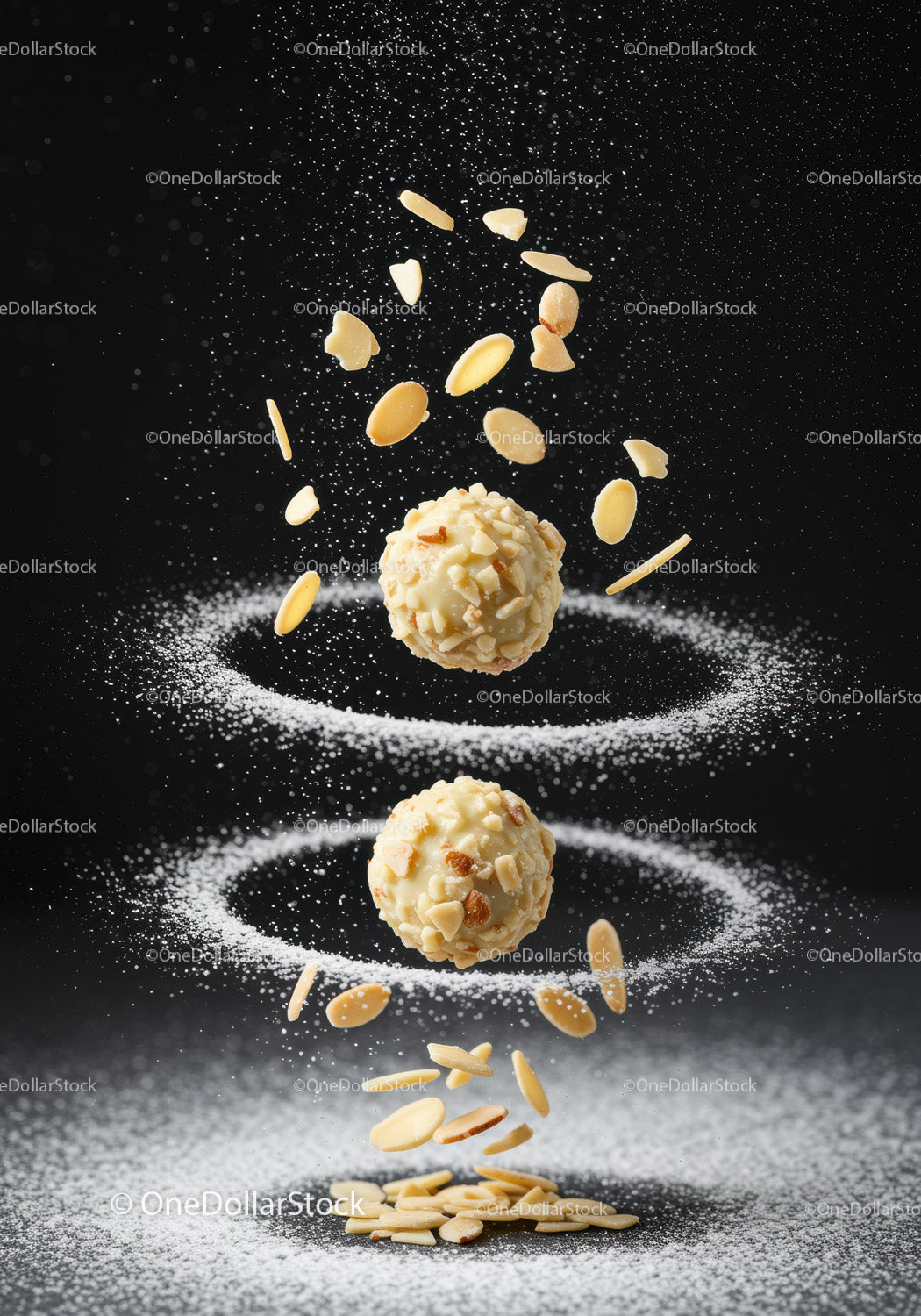 White chocolate truffles with almond slices floating artistically