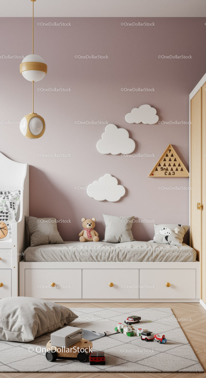 Cute Children's Nursery with Cloud Wall Art and Plush Toys