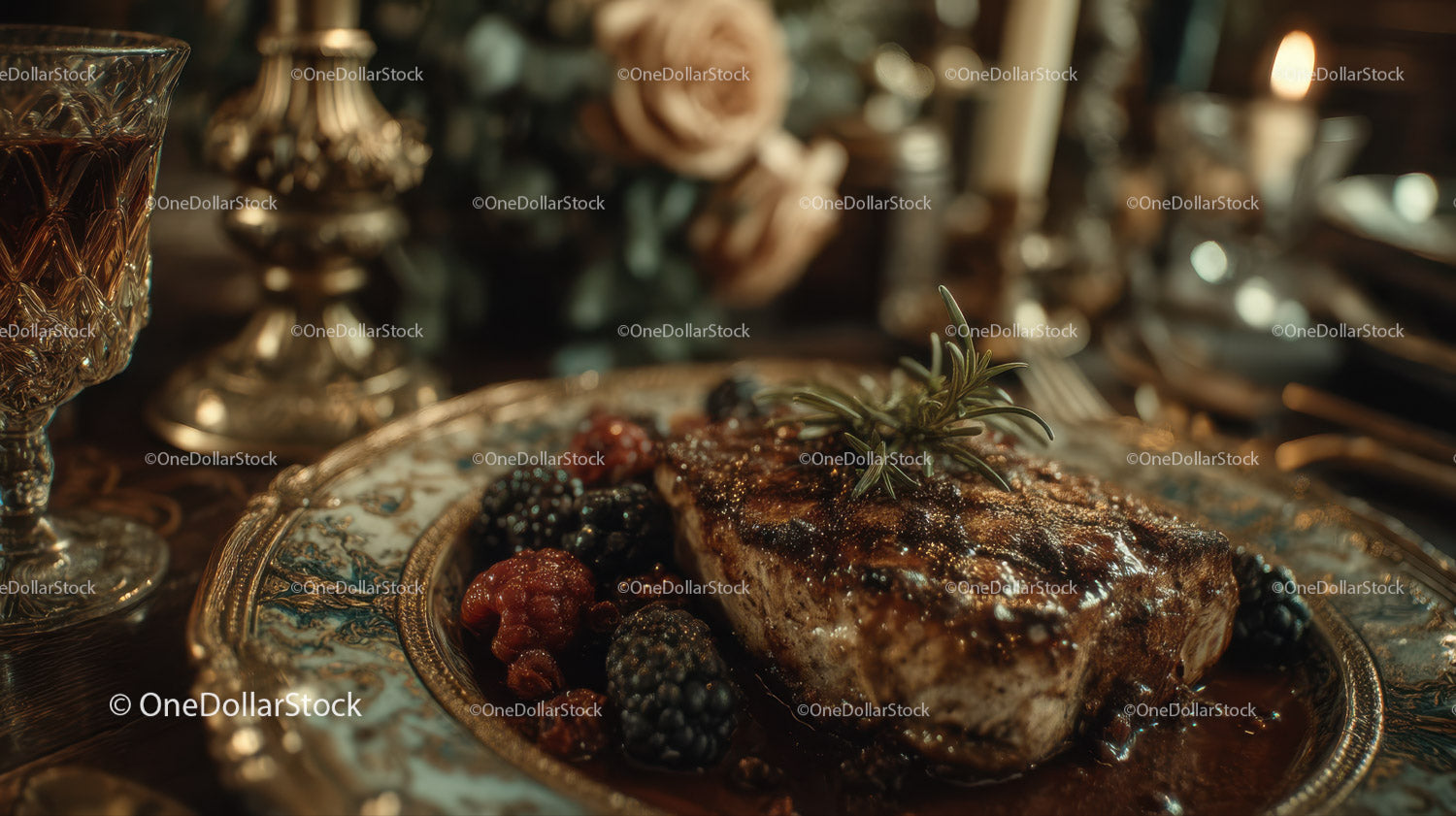 Elegant Gourmet Steak with Blackberries on Ornate Silver Plate