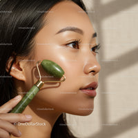 Young Woman Receiving Facial Massage with Jade Roller for Healthy Skin