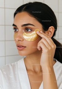 Young Woman Applying Gold Eye Mask for Skincare Routine
