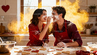 Couple Playfully Baking Heart Cookies in Sunlit Kitchen