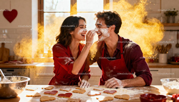 Couple Playfully Baking Heart Cookies in Sunlit Kitchen