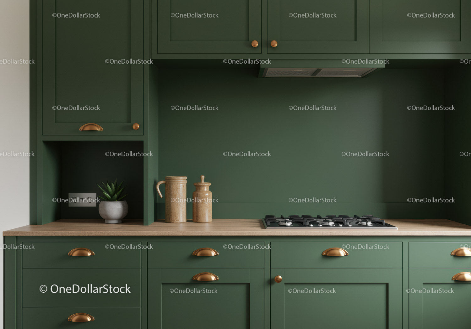 Stylish Green Kitchen with Wooden Counter and Copper Accents