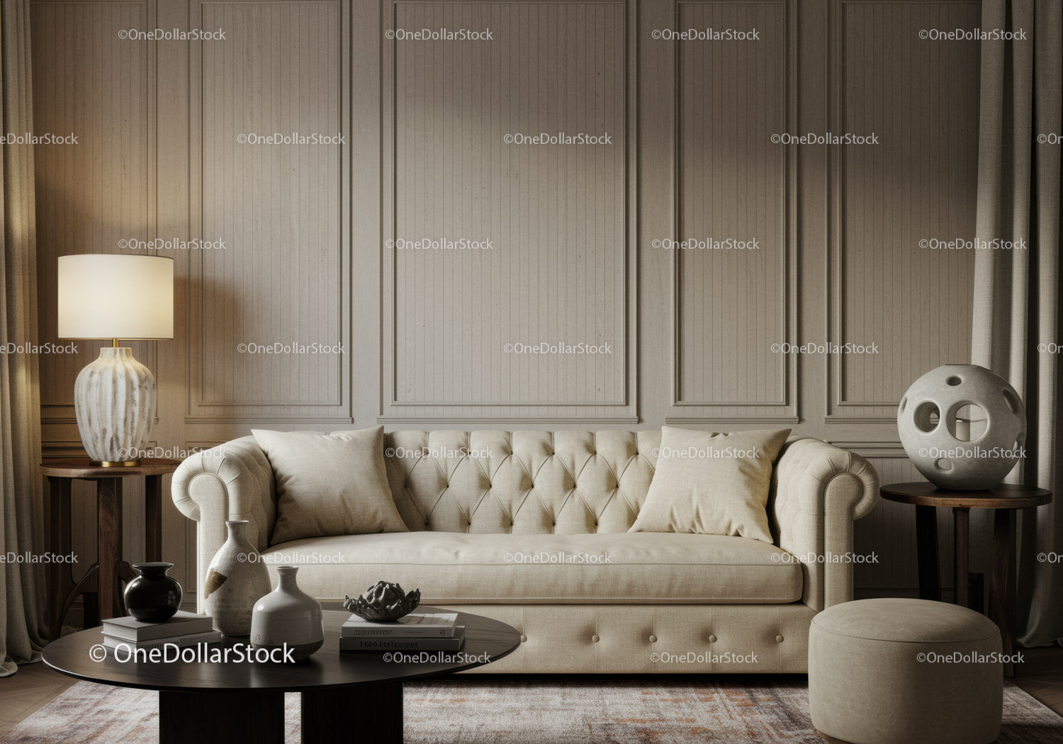 Cozy beige living room with classic tufted sofa