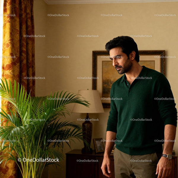 Thoughtful man standing near houseplant in warm room