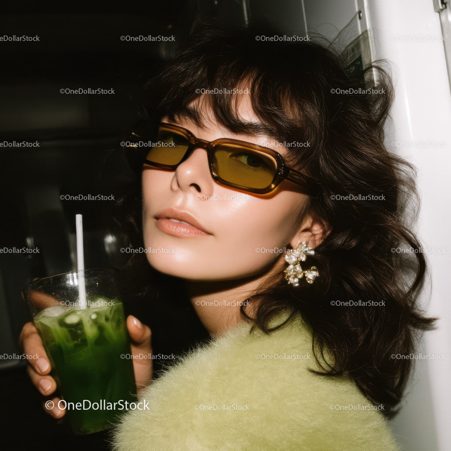 Stylish Woman Wearing Sunglasses and Jewelry Holding Green Cocktail