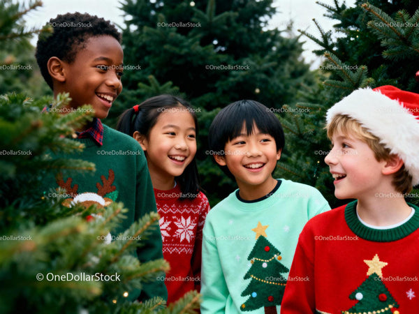 Happy diverse kids in festive Christmas sweaters outdoors
