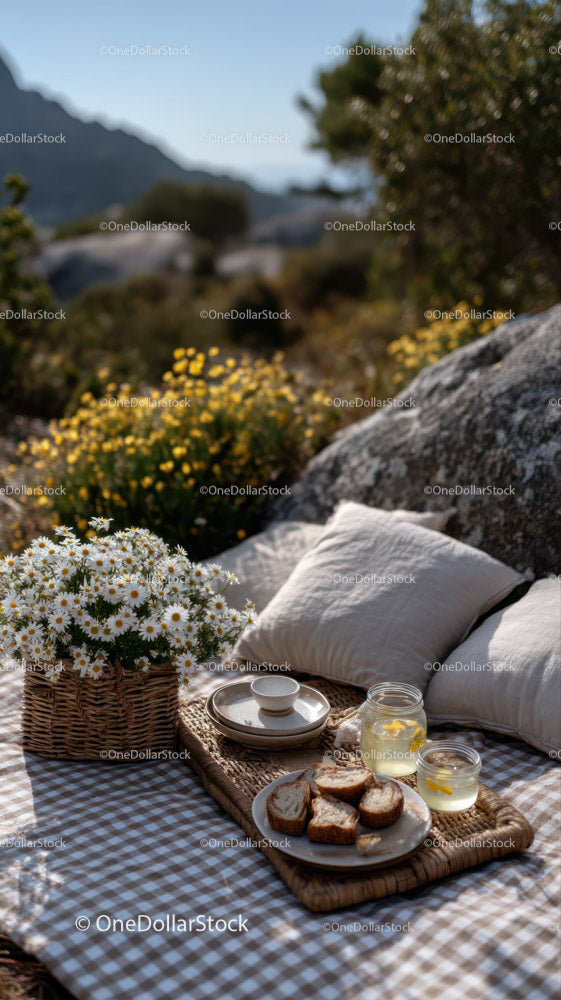 Scenic Mountain Picnic with Croissants and Daisy Flowers