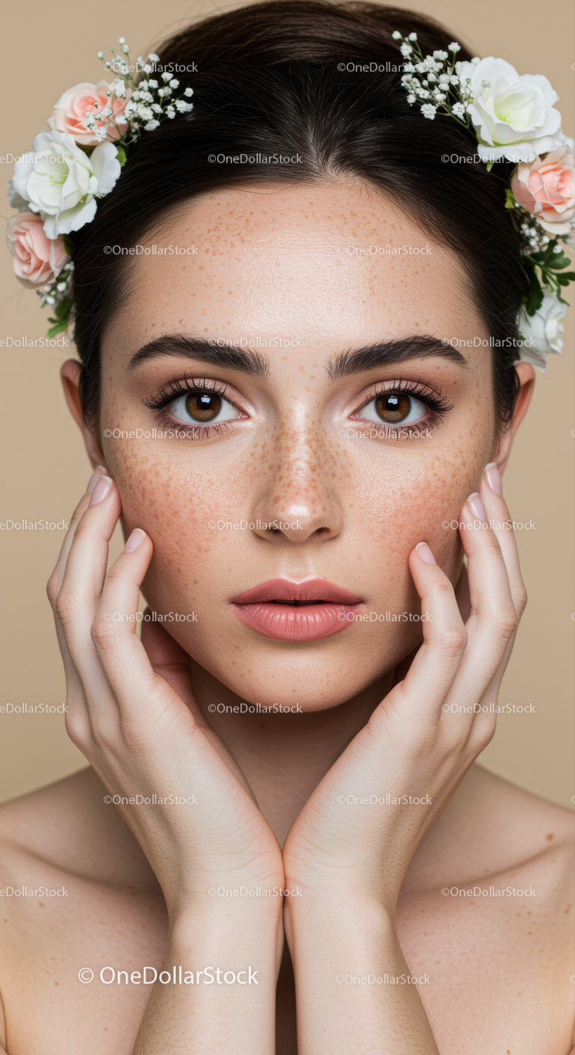 Young Woman with Freckles Wearing Floral Crown for Beauty and Skin Care