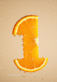 Fresh orange slice shaped like number one with water droplets