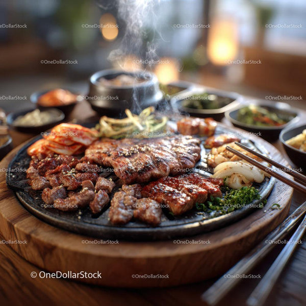 Koreańskie barbecue z grillowanym mięsem i dodatkami na gorącym kamiennym talerzu