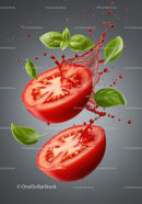 Fresh tomato halves with basil leaves and juice splash