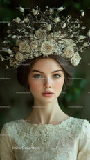 Elegant Woman in Lace Dress with Floral Headpiece in Artistic Portrait
