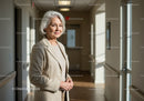 Elderly Woman in Beigem Blazer Standing in Hospital Hallway