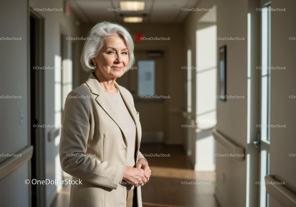 Elderly Woman in Beigem Blazer Standing in Hospital Hallway