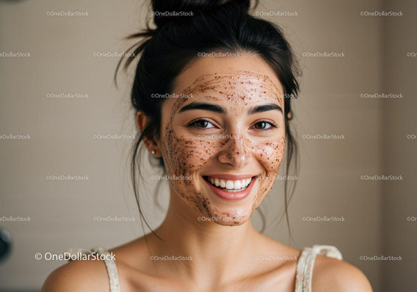 Young woman with facial mask demonstrating skincare routine