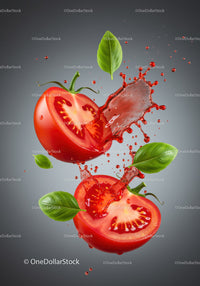 Fresh tomato halves with basil and juice splash
