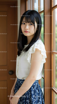 Young Woman Leaning by Wooden Window in Casual Outfit