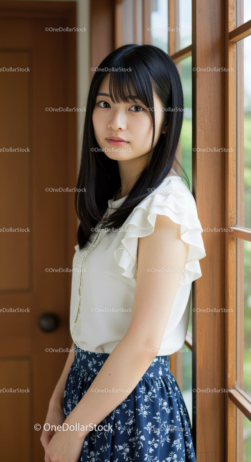 Young Woman Leaning by Wooden Window in Casual Outfit
