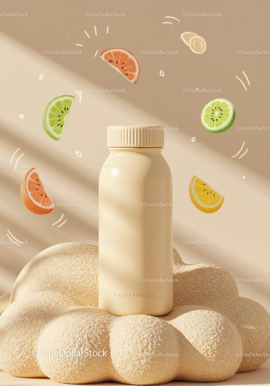 Minimalist bottle with citrus illustrations on textured surface