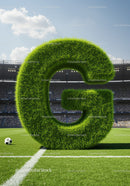 Green grassy letter G on soccer field with ball