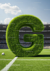 Green grassy letter G on soccer field with ball