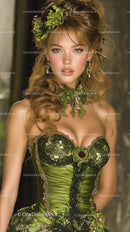 Glamorous Model in Elegant Green Lace Dress with Floral Jewelry