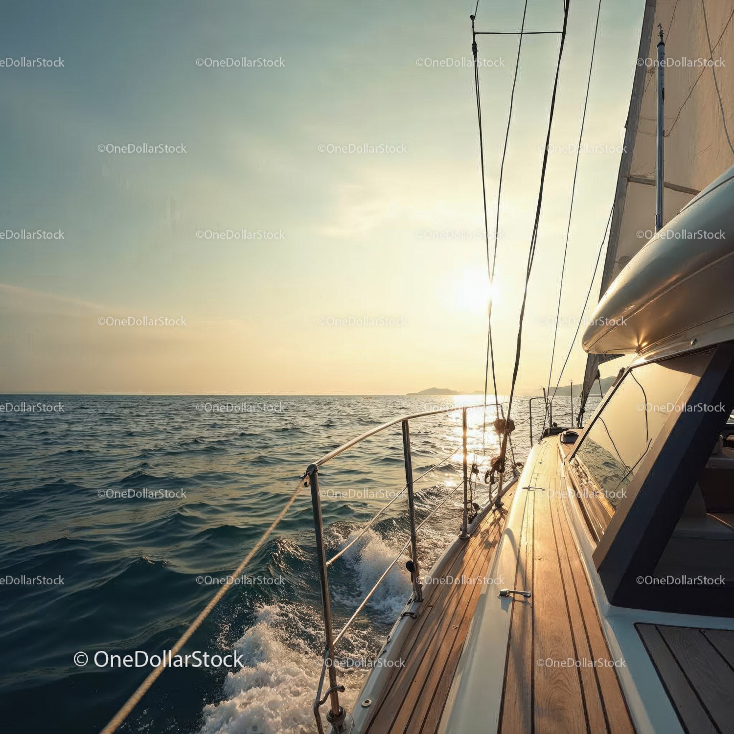 Sailing Yacht on Ocean at Sunset with Wooden Deck and Calm Waves