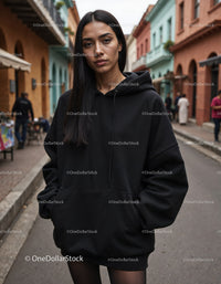 Fashionable Woman Wearing Black Hoodie in Urban City Street