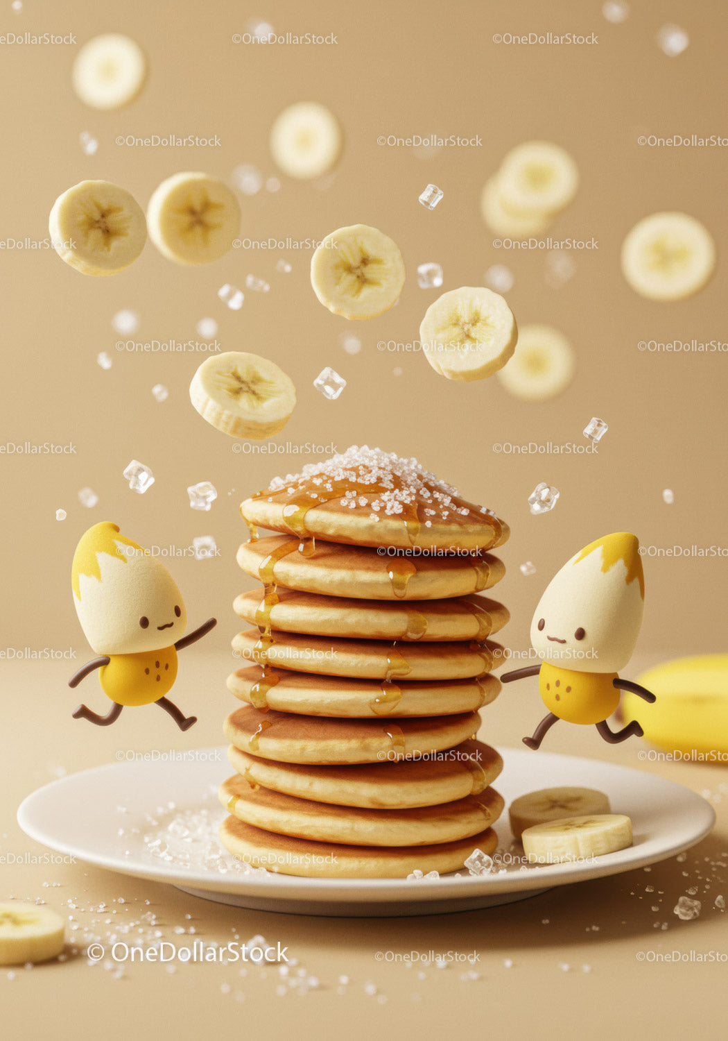 Stack of pancakes with syrup and playful banana characters