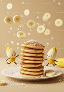 Stack of pancakes with syrup and playful banana characters