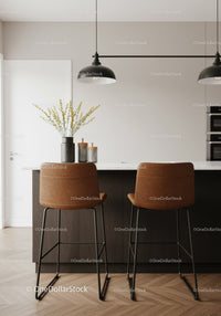 Contemporary Kitchen with Brown Leather Bar Stools and Modern Decor