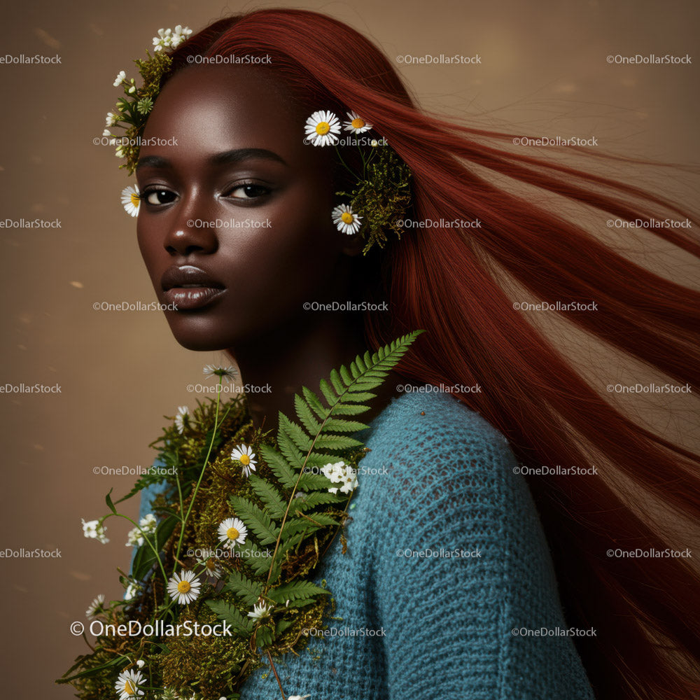 Elegant Woman with Red Hair and Floral Accessories Studio Portrait