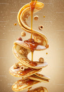 Stack of fluffy pancakes drizzled with syrup and hazelnuts
